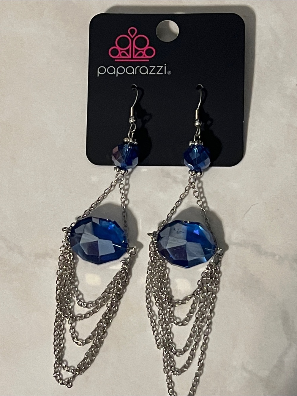 Paparazzi Royal Blue Faceted Crystal & Silver Chain Drop Earrings
